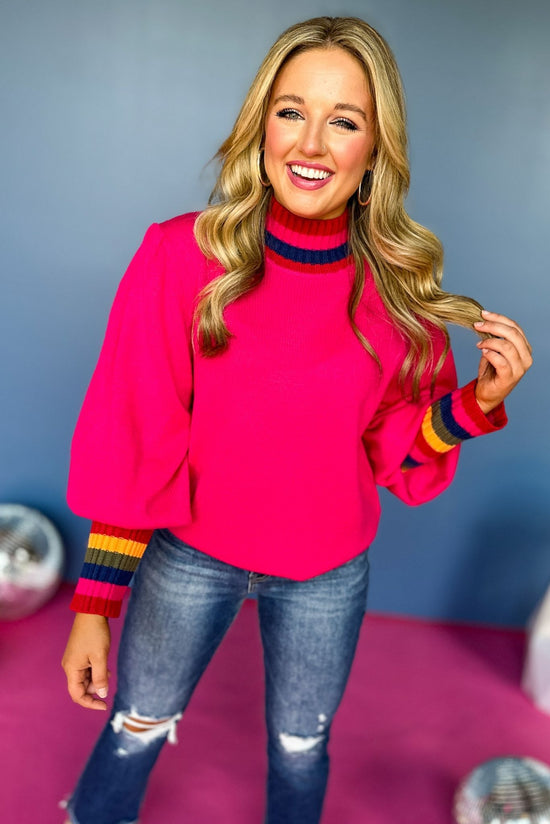 Hot Pink Mock Neck Striped Long Sleeve Pullover, elevated style, must have style, must have sweater, elevated sweater, rainbow detail, bright sweater, fall sweater, fall fashion, mom style, fun mom style, fun mom sweater, shop style your senses by mallory fitzsimmons