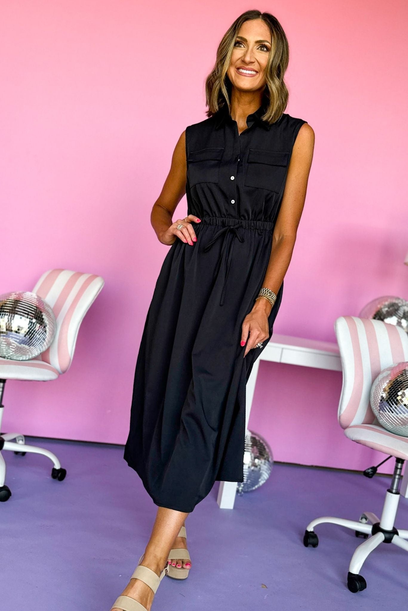 Load image into Gallery viewer, Black Button Down Drawstring Waist Sleeveless Midi Dress, mom chic, carpool chic, elevated style, mom style, transition piece, must have dress, mom dress, shop style your senses by mallory fitzsimmons
