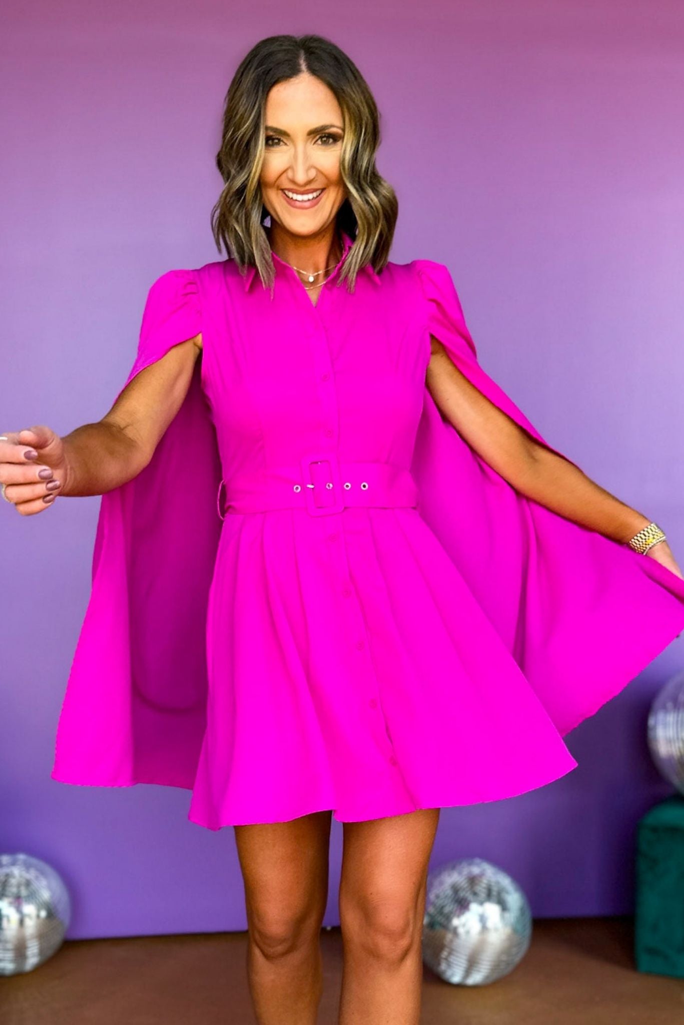 Load image into Gallery viewer, Magenta Button Front Caplet Belted Shirt Dress, elevated dress, wedding guest dress, wedding guest style, fall event style, event style, must have dress, must have style, must have wedding guest, elevated style, mom style, shop style your senses by mallory fitzsimmons
