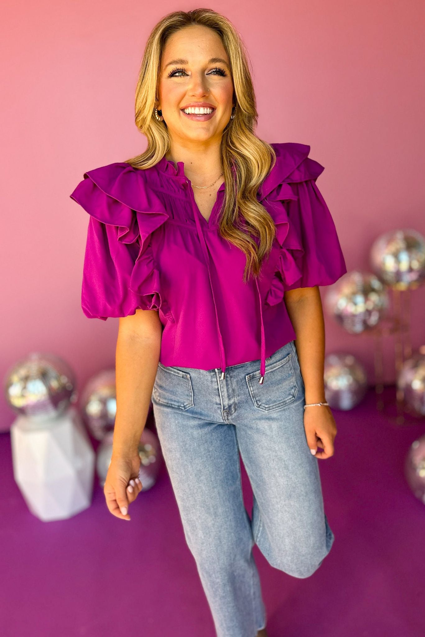 Fuchsia Frilled Tie Neck Bubble Ruffle Sleeve Top, must have top, must have style, must have fall, fall collection, fall fashion, elevated style, elevated top, mom style, fall style, shop style your senses by mallory fitzsimmons