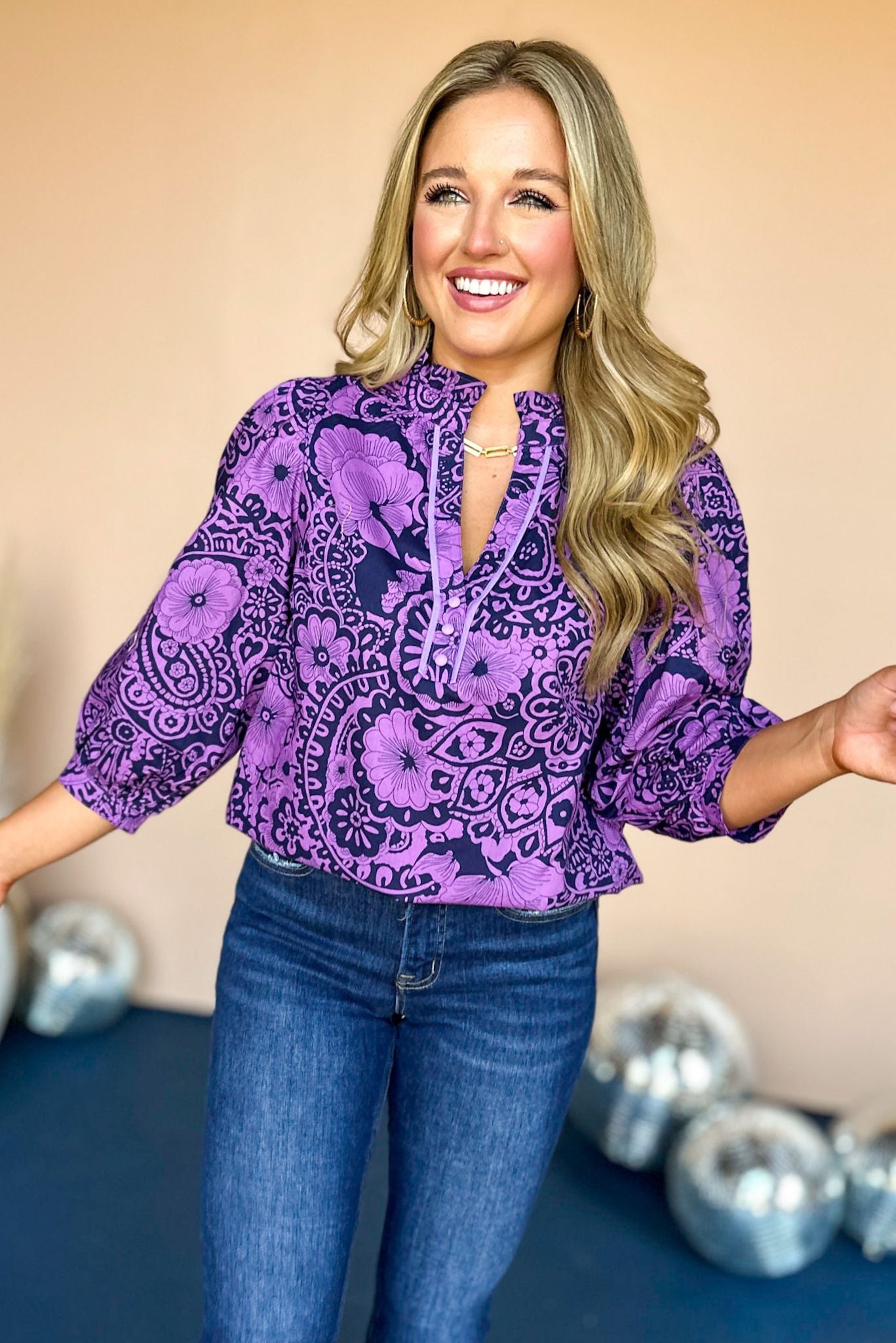 Load image into Gallery viewer, Purple Paisley Printed Notched Neckline Ruffle Trim Top
