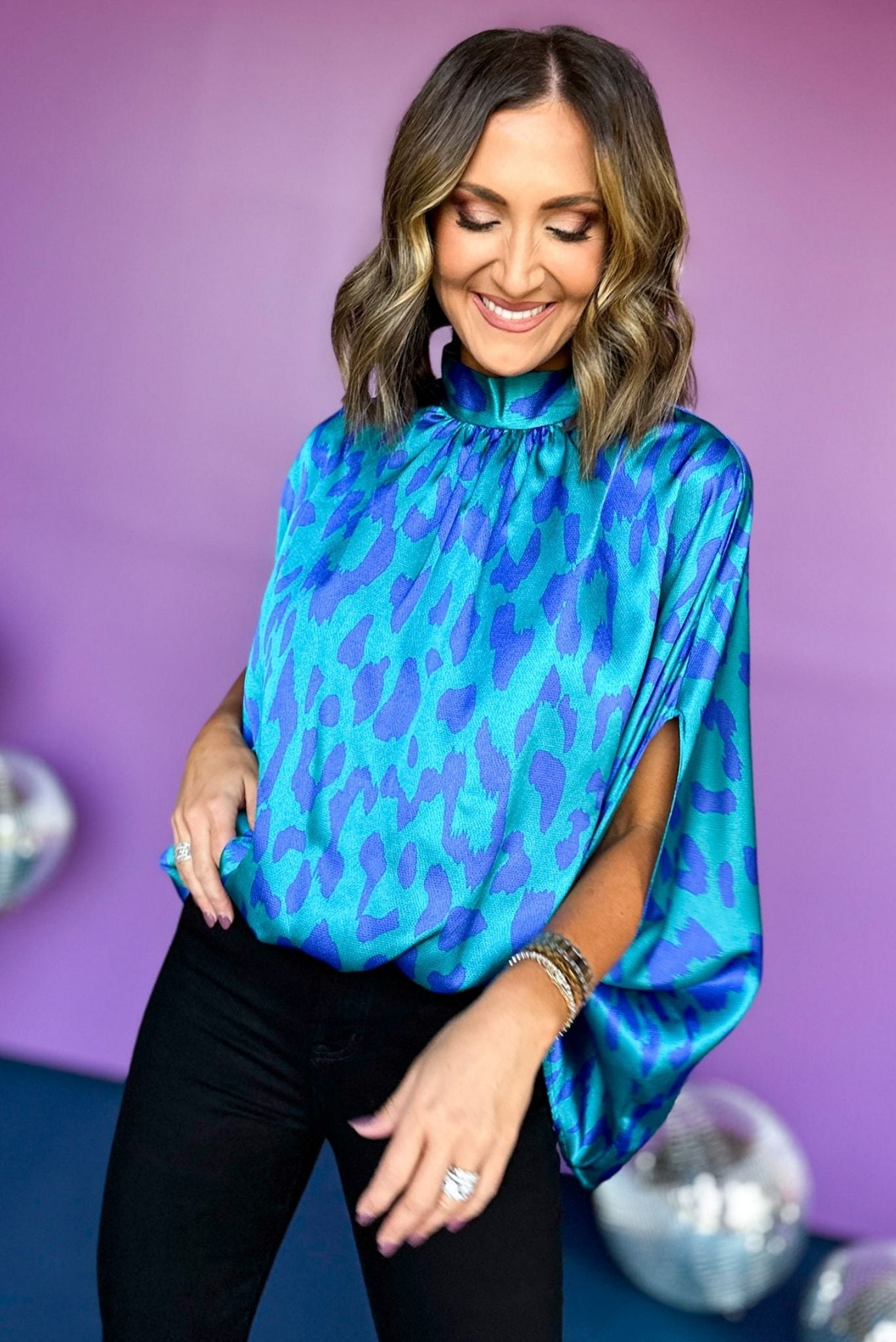 Load image into Gallery viewer, Blue Vibrant Animal Printed Mock Neck Detail Caftan Top, must have top, must have style, must have print, elevated top, elevated style, date night top, date night style, mom style, shop style your senses by mallory fitzsimmons
