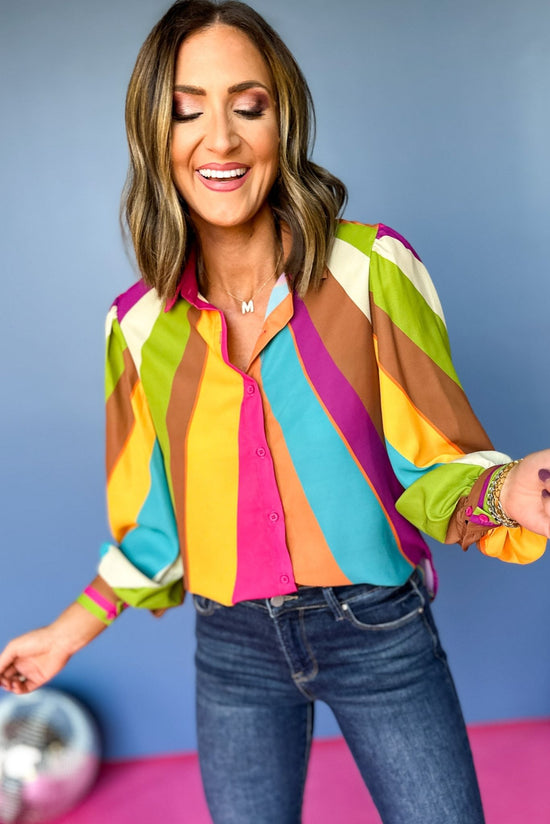 Fuchsia Striped Button Front Collared Top, elevated top, elevated style, mom style, fun mom style, office style, fun office style, fall style, fall top, must have top, must have print, shop style your senses by mallory fitzsimmons