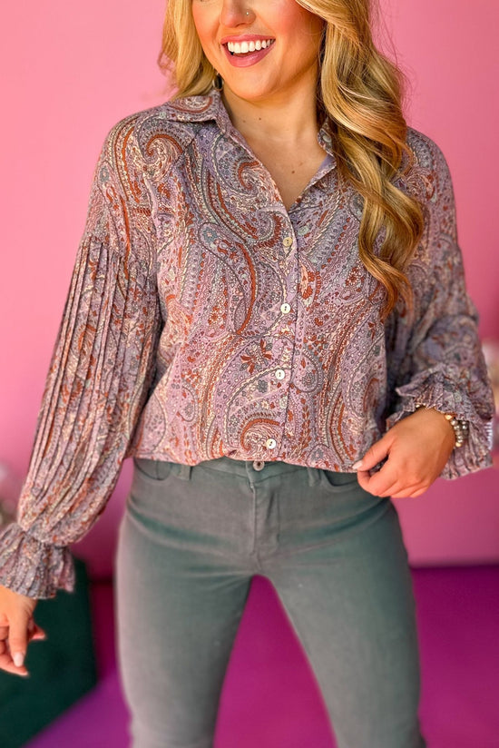Load image into Gallery viewer, Dusty Lavender Paisley Printed Button Front Long Sleeve Top, must have top, must have style, must have fall, fall collection, fall fashion, elevated style, elevated top, mom style, fall style, shop style your senses by mallory fitzsimmons

