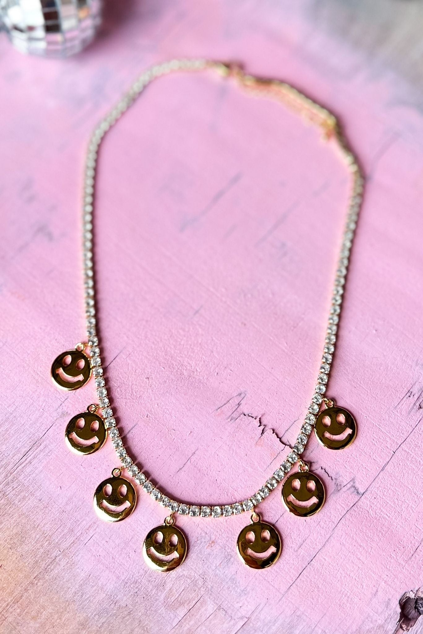 SSYS Gold Smiley Face Charm Tennis Necklace