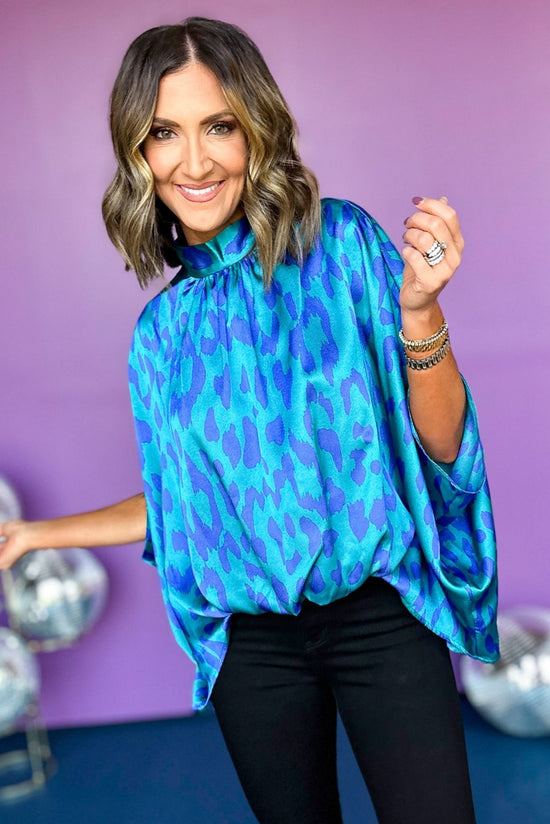 Blue Vibrant Animal Printed Mock Neck Detail Caftan Top, must have top, must have style, must have print, elevated top, elevated style, date night top, date night style, mom style, shop style your senses by mallory fitzsimmons