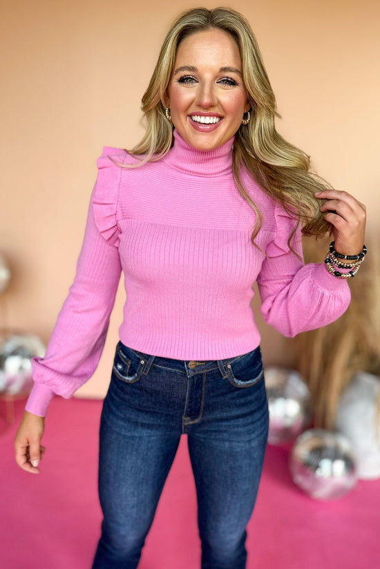 Light Pink Turtleneck Shoulder Ruffle Long Sleeve Sweater *FINAL SALE* *Final Sale*, must have sweater, must have style, must have fall, fall collection, fall fashion, elevated style, elevated sweater, mom style, fall style, shop style your senses by mallory fitzsimmons