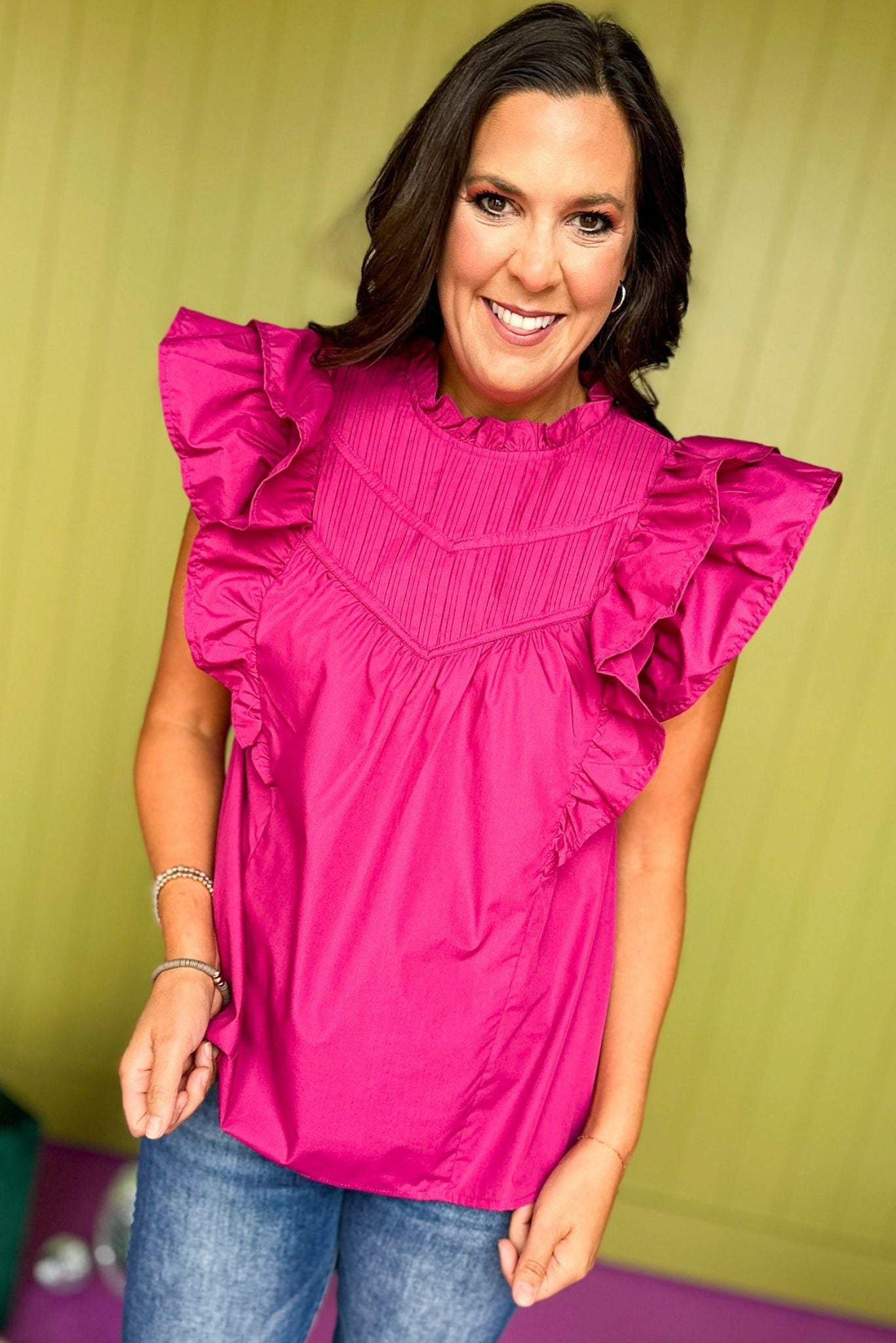 Load image into Gallery viewer,  Pink Mock Neck Pleated Detail Yoke Short Sleeve Ruffled Top, must have top, must have style, must have fall, fall collection, fall fashion, elevated style, elevated top, mom style, fall style, shop style your senses by mallory fitzsimmons
