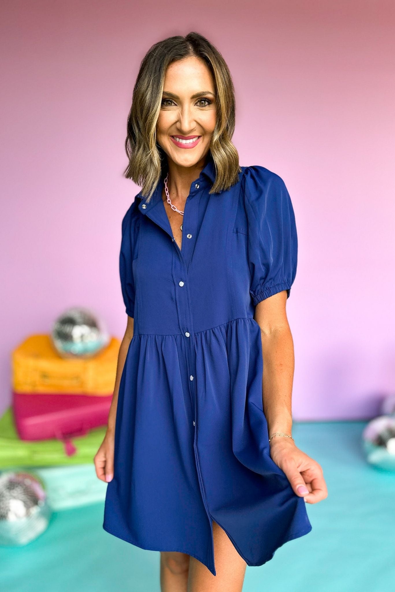 Load image into Gallery viewer, Navy Pearl Snap Collared Puff Sleeve Button Down Dress, summer dress, button down dress, elevated style, shop style your senses by mallory fitzsimmons
