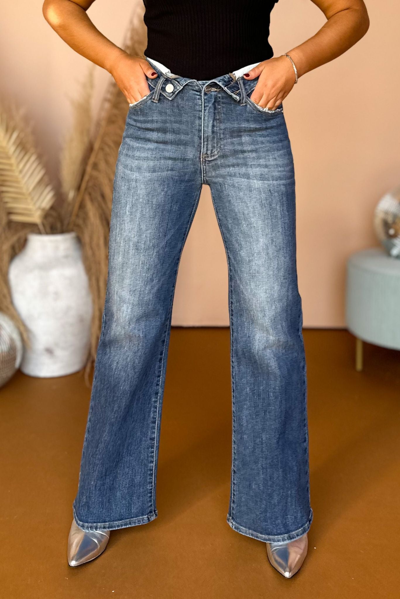  Risen Medium Wash Mid Rise Flap Front Slim Wide Leg Jeans, must have pants, must have style, street style, fall style, fall fashion, fall pants, elevated style, elevated pants, mom style, shop style your senses by mallory fitzsimmons