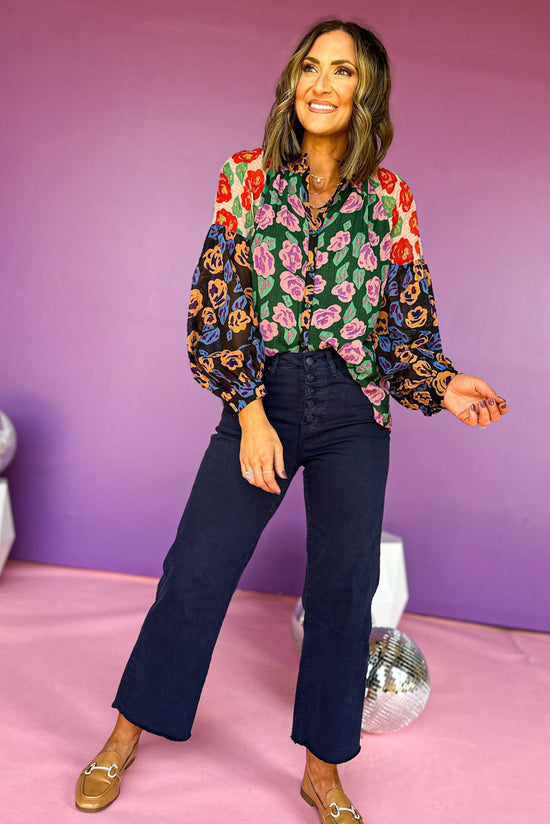 Green Colorblock Floral Printed Balloon Sleeve Top, elevated top, floral top, must have top, must have print, elevated style, mom style, fall style, fall top. shop style your senses by mallory fitzsimmons