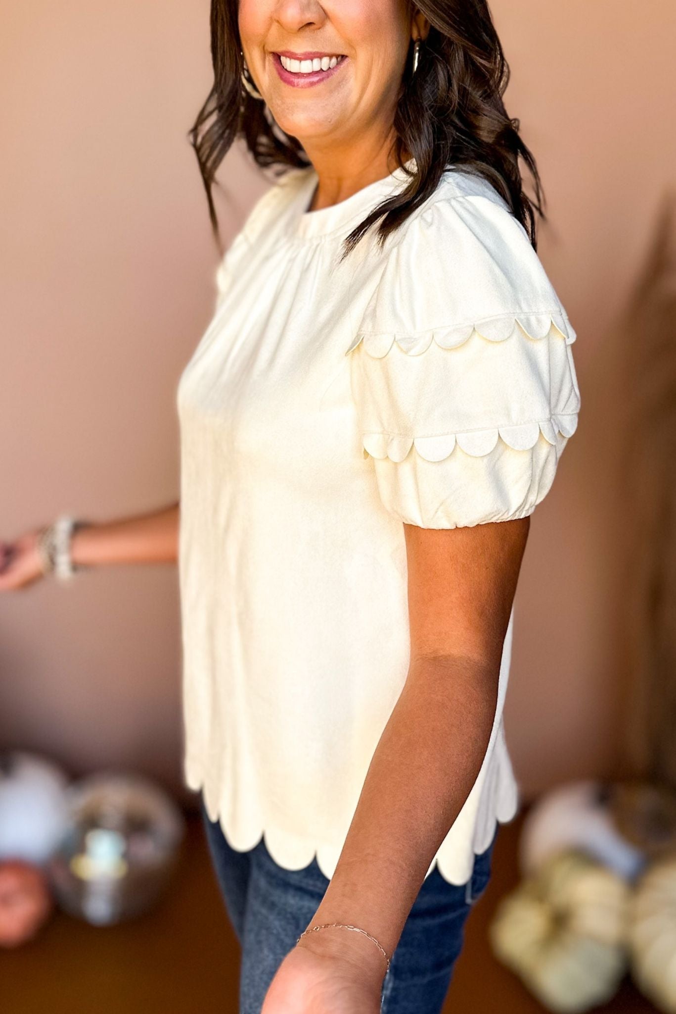 Ivory Scalloped Detailed Faux Suede Top, must have top, must have style, must have fall, fall collection, fall fashion, elevated style, elevated top, mom style, fall style, shop style your senses by mallory fitzsimmons