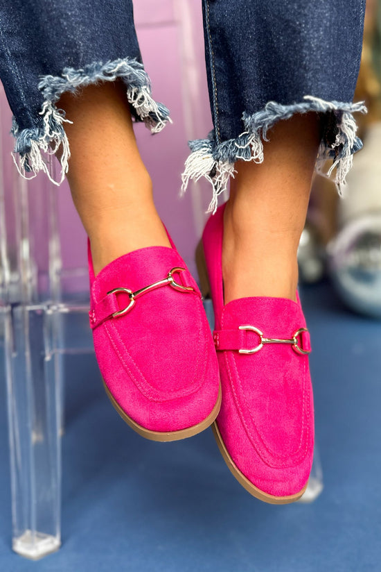 Load image into Gallery viewer,  Pink Microsuede Horsebit Loafer, must have shoes, must have style, elevated shoes, shop style your senses by mallory fitzsimmons
