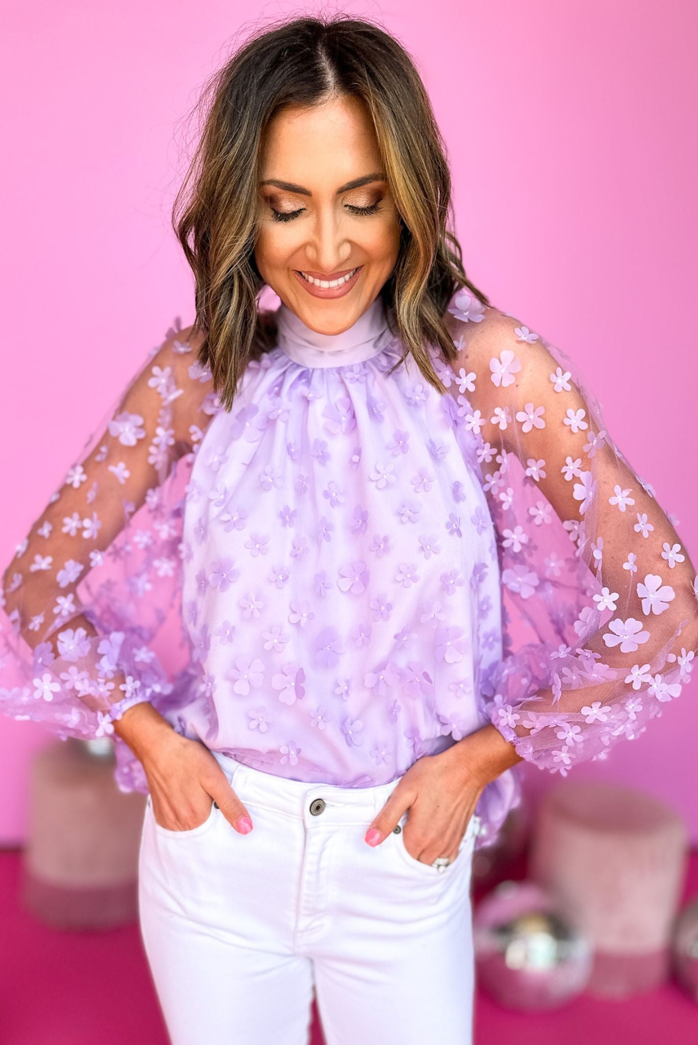 Lavender Mock Neck Floral Mesh Long Sleeve Top, high neck, neck tie, flower overlay, mesh, summer style, must have, shop style your senses by mallory fitzsimmons
