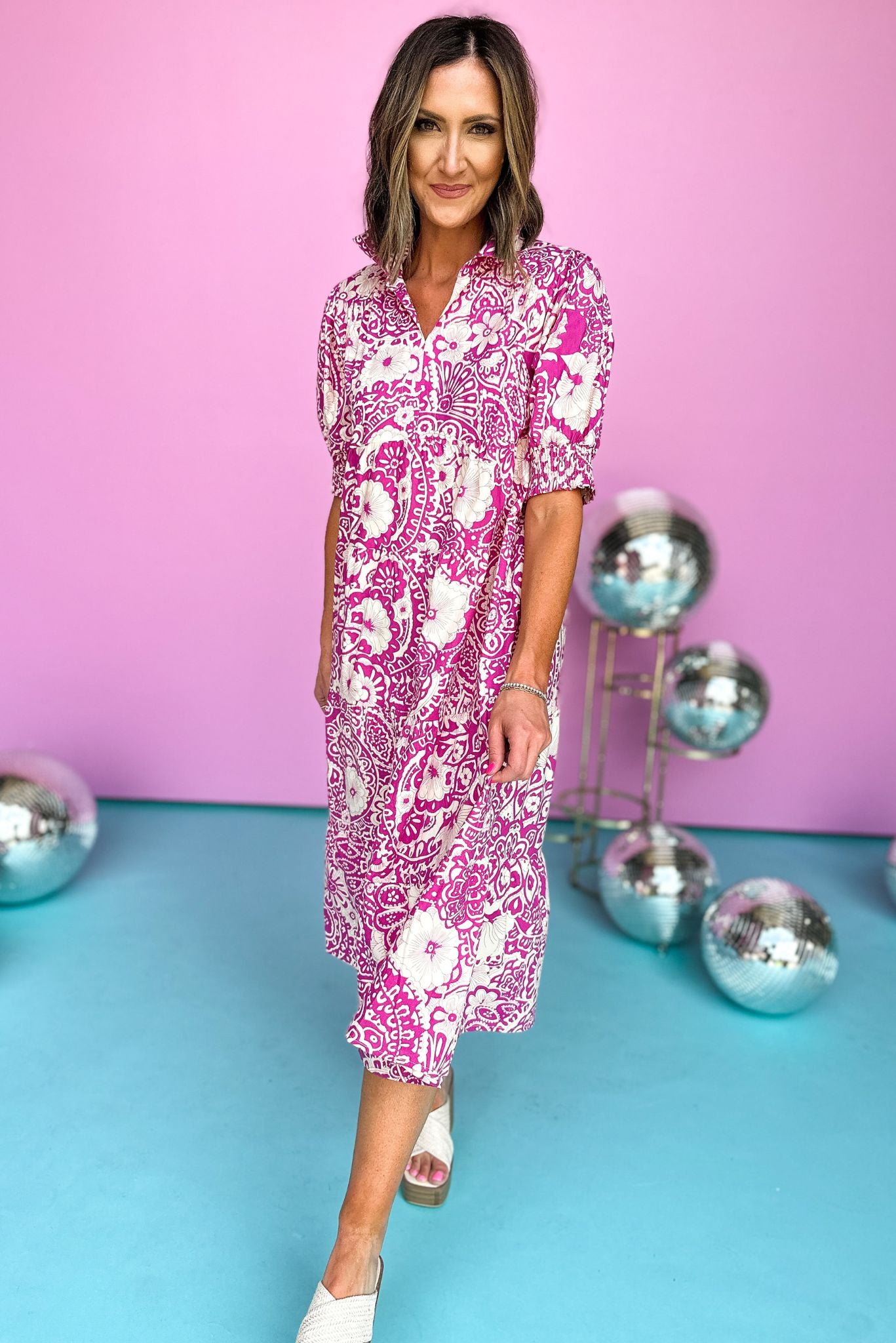 Load image into Gallery viewer, magenta abstract printed split neck collared smocked sleeve midi dress, summer style, easy to wear, church, brunch, mom style, shop style your senses by mallory fitzsimmons
