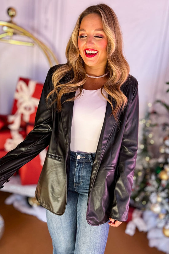 Load image into Gallery viewer,  Black Faux Leather Oversized Blazer, must have blazer, must have style, elevated blazer, elevated style, holiday style, holiday fashion, elevated holiday, holiday collection, affordable fashion, mom style, shop style your senses by mallory fitzsimmons
