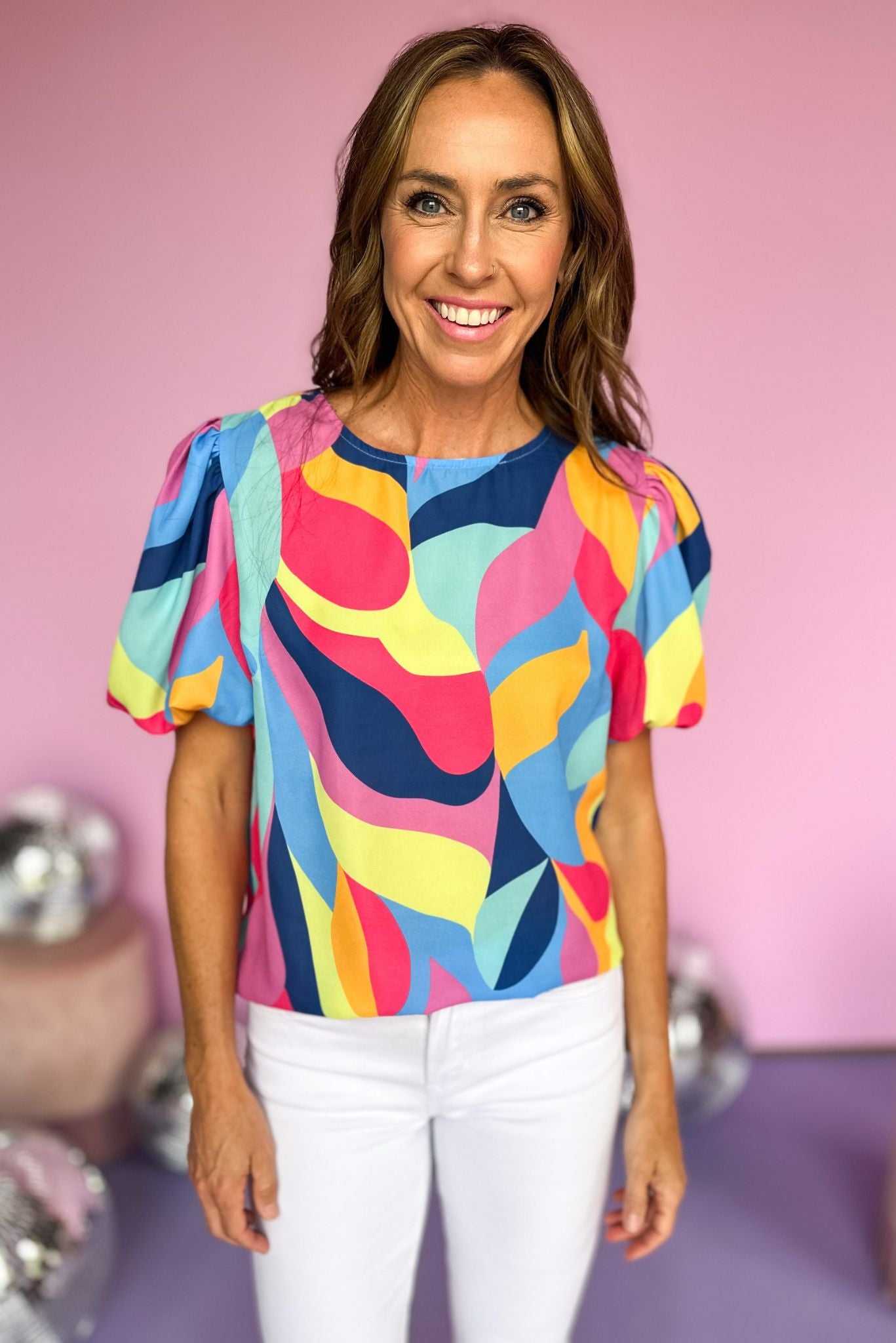 Blue abstract printed short puff sleeve top, summer print, bold colors, workwear, mom style, transitional piece, shop style your senses by mallory fitzsimmons