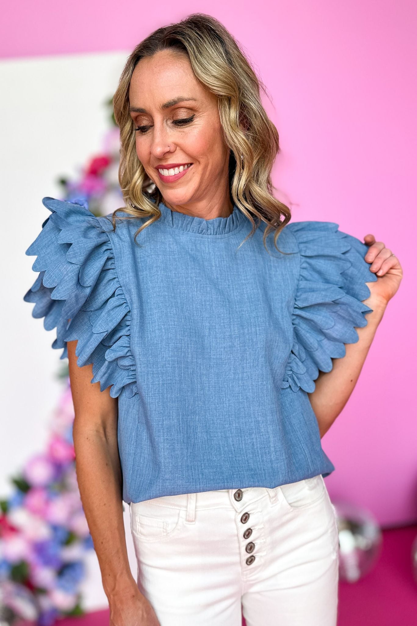 Load image into Gallery viewer, Light Blue Chambray Layered Scalloped Sleeve Top

