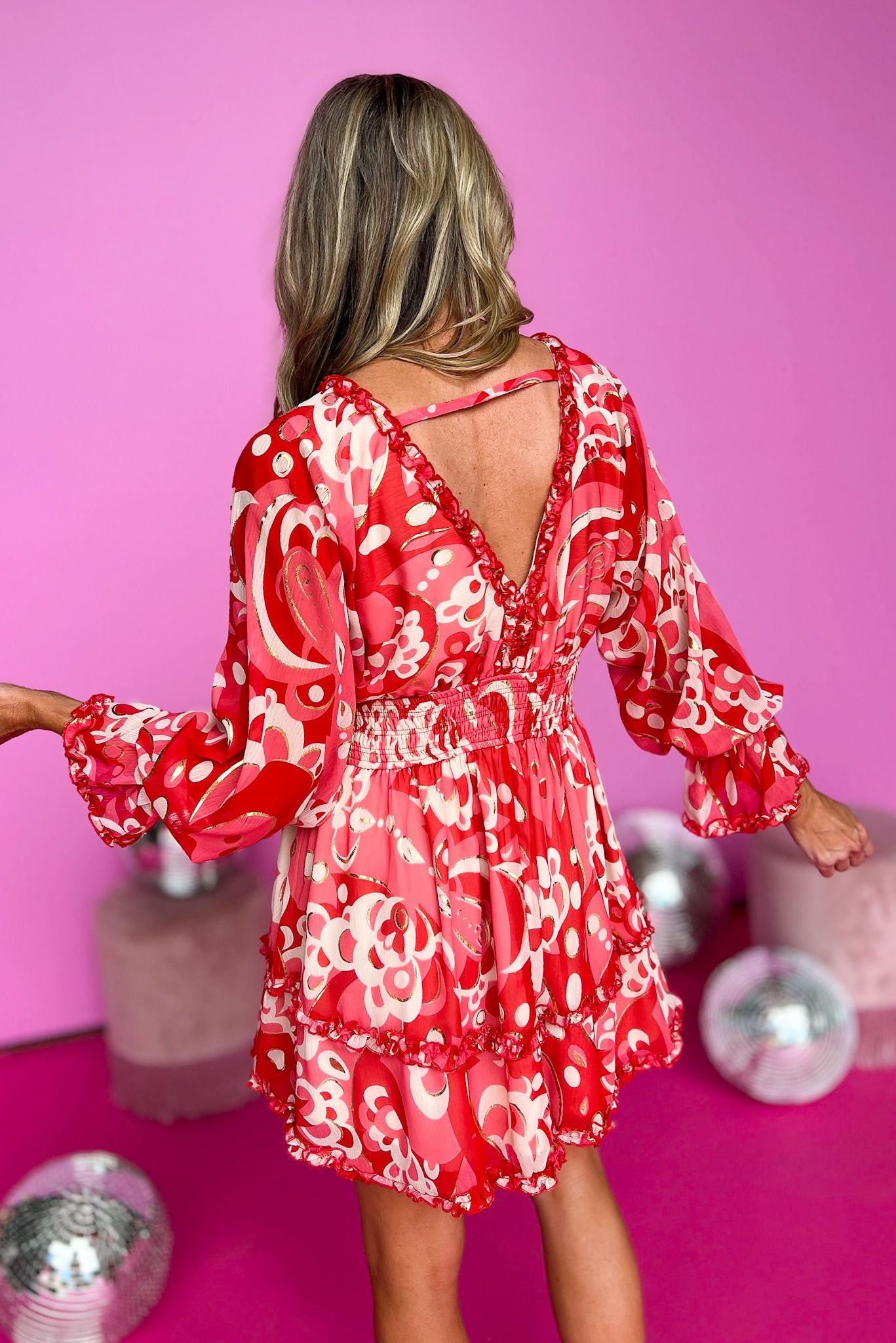 Load image into Gallery viewer, Coral Ruffle Detailed Tiered Smocked Waist Long Sleeve Dress, printed dress, ruffle dress, work to weekend dress, must have dress, elevated style, mom style, shop style your senses by mallory fitzsimmons
