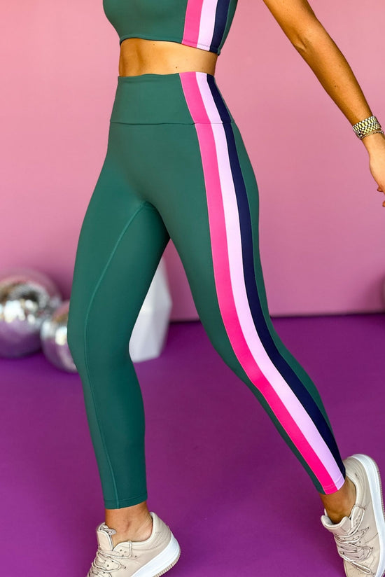 Load image into Gallery viewer,  SSYS Olive and Pink Inset Stripe Hunter Green Leggings, elevated leggings, elevated style, must have style, must have leggings, must have stripes, fall leggings, fall athleisure, mom style, athletic style, SSYS the label, SSYS athleisure, shop style your senses by mallory fitzsimmons
