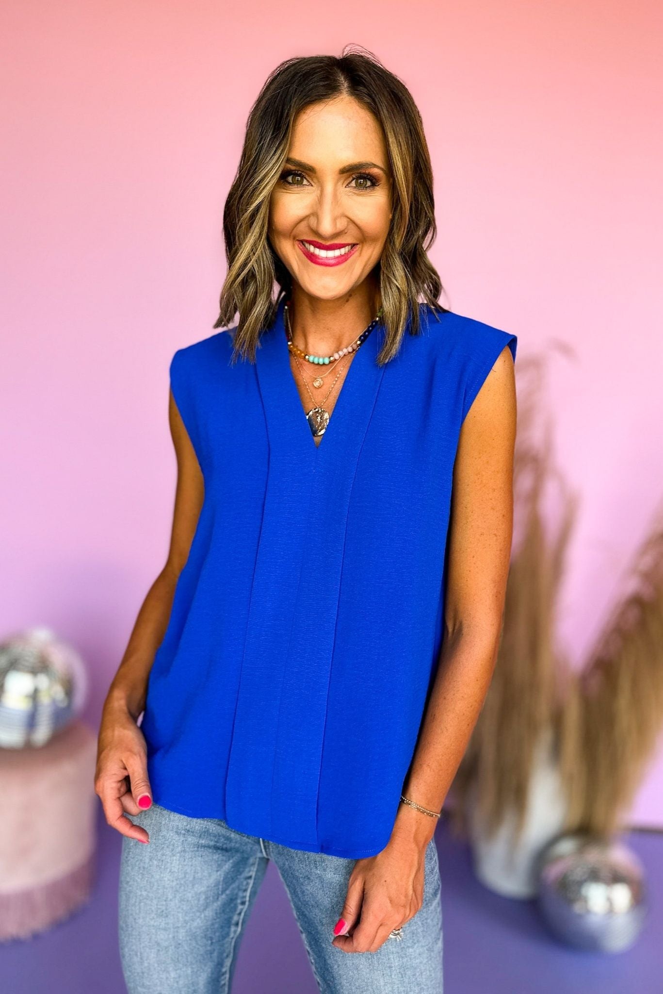 Royal Blue V Neck Front Pleat Sleeveless Top, summer top, mom style, elevated style, must have, work to weekend, shop style your senses by mallory fitzsimmons