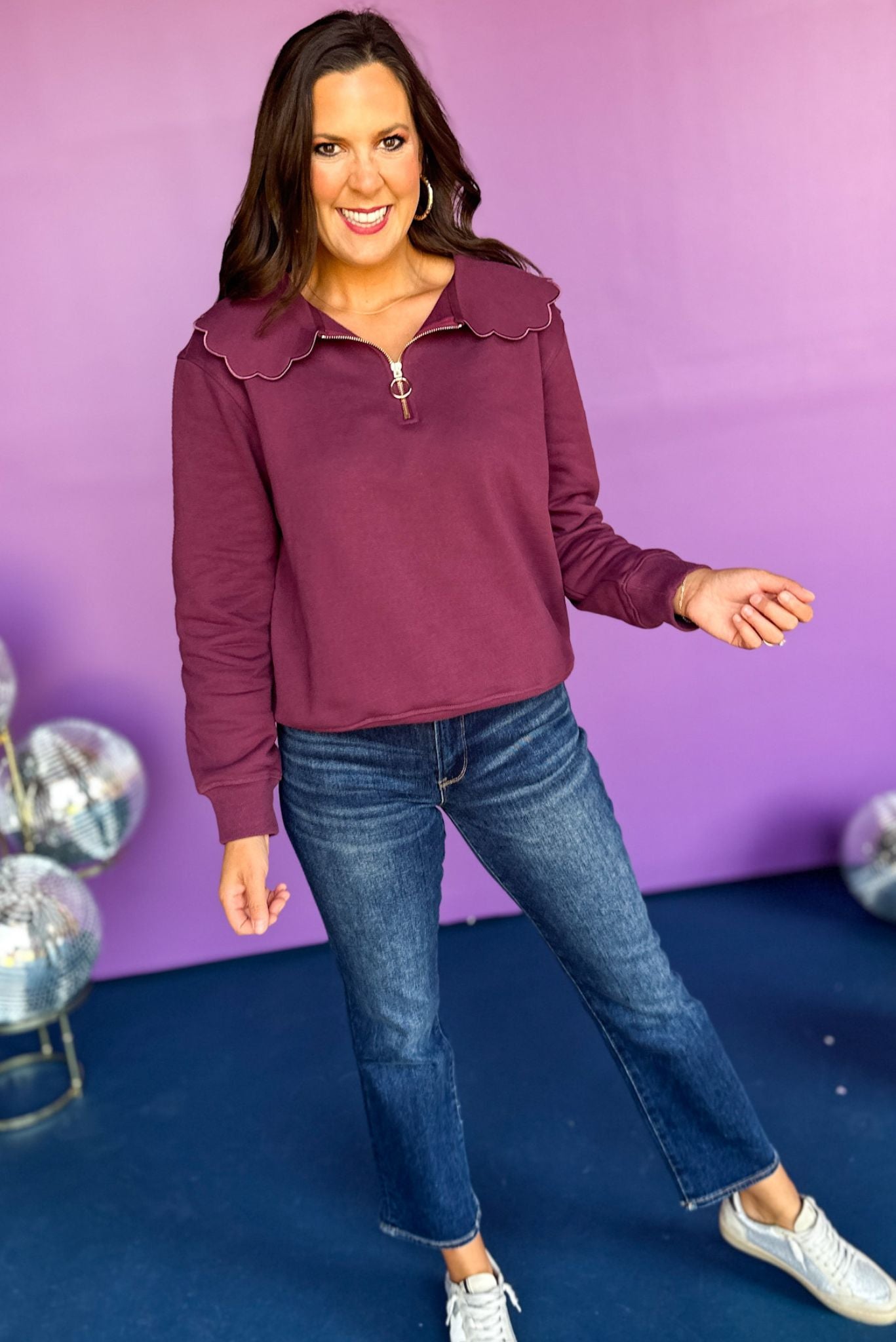 SSYS The Lucy Pullover In Eggplant, elevated top, elevated style, fall top, fall style, must ahve top, must have style, must have fall, scallop detail, mom style, ssys the label, shop style your senses by mallory fitzsimmons