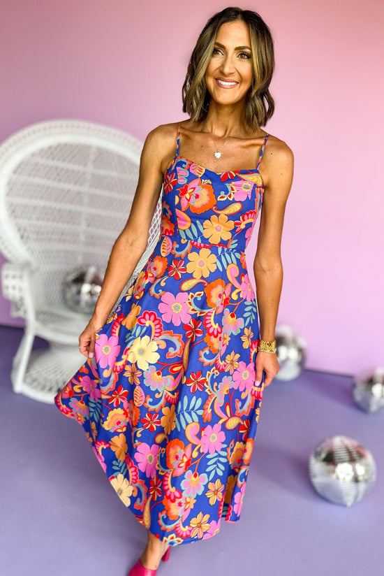 Blue Floral Printed Sweetheart Neckline A Line Midi Dress, floral dress, summer dress, sweetheart dress, summer style, shop style your senses by mallory fitzsimmons