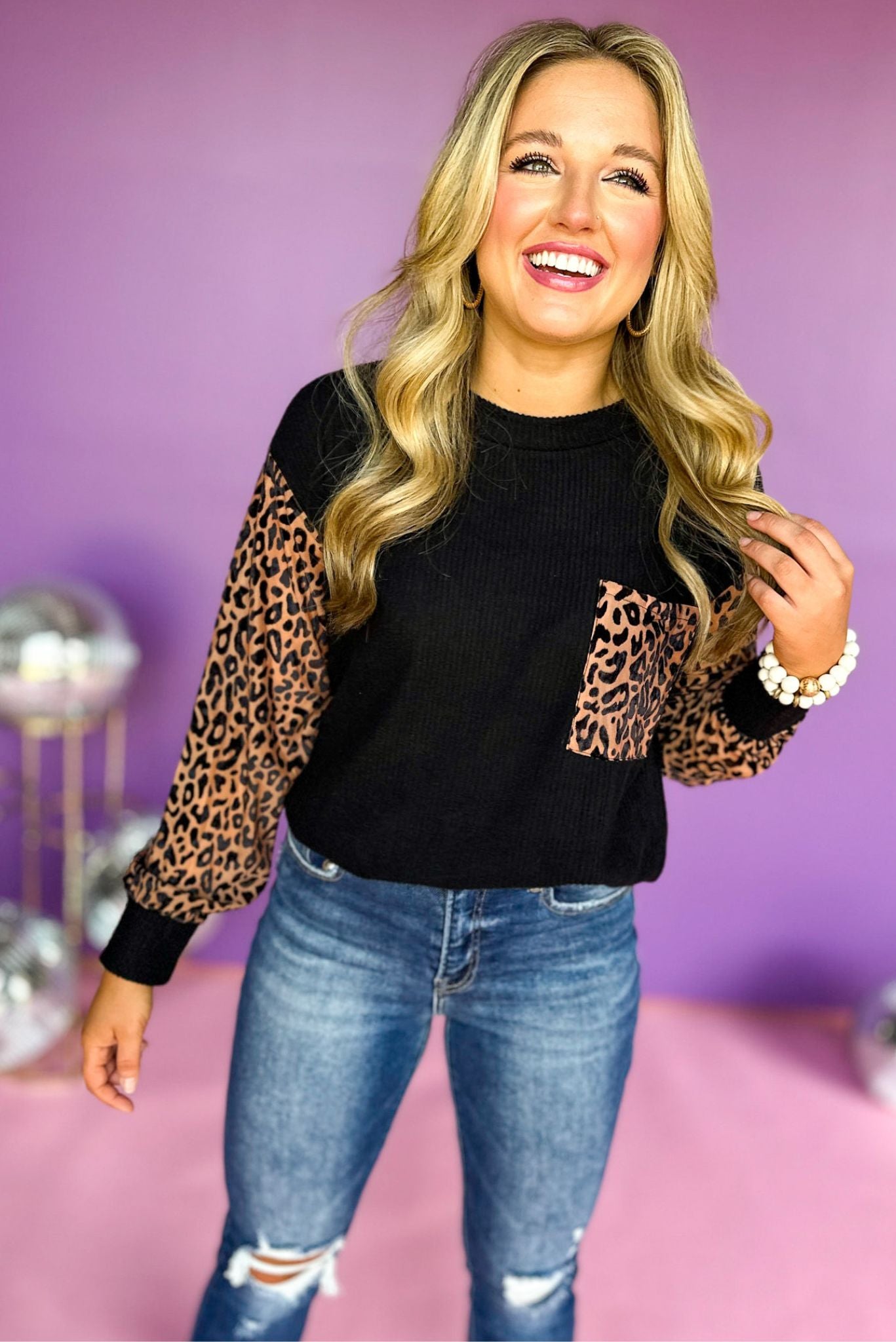Load image into Gallery viewer, black animal printed long sleeve pocket detail top, fall top, new arrival, easy to wear, mom style, everyday wear, shop style your senses by mallory fitzsimmons
