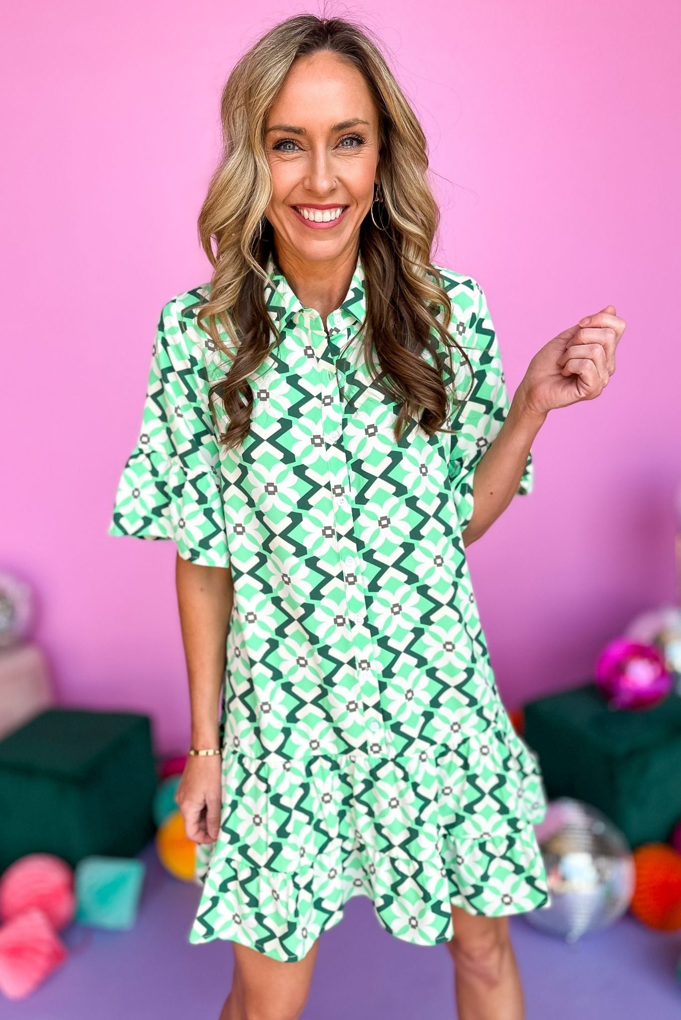 Green Geometric Print Button Front Skirted Dress, ruffle detail, button down, new arrival, collar, spring look, shop style your senses by mallory fitzsimmons