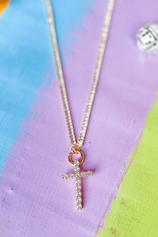 Load image into Gallery viewer, SSYS Gold Cross Pendant Tennis Necklace, Accessory, Necklace, Shop Style Your Senses by Mallory Fitzsimmons
