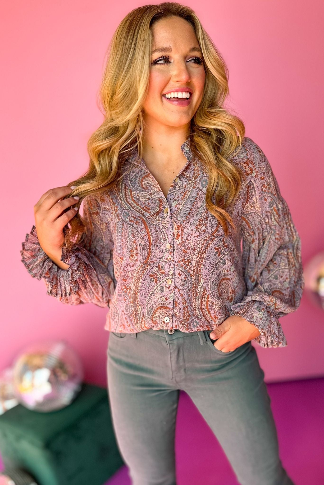 Load image into Gallery viewer, Dusty Lavender Paisley Printed Button Front Long Sleeve Top, must have top, must have style, must have fall, fall collection, fall fashion, elevated style, elevated top, mom style, fall style, shop style your senses by mallory fitzsimmons
