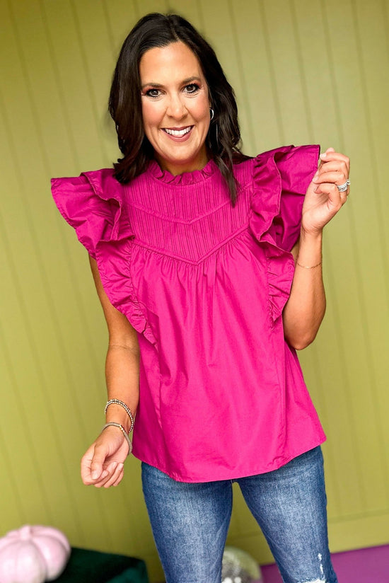Load image into Gallery viewer, Pink Mock Neck Pleated Detail Yoke Short Sleeve Ruffled Top, must have top, must have style, must have fall, fall collection, fall fashion, elevated style, elevated top, mom style, fall style, shop style your senses by mallory fitzsimmons
