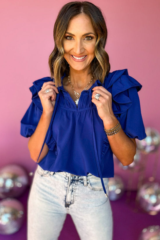 Royal Blue Frilled Tie Neck Bubble Ruffle Sleeve Top, must have top, must have style, must have fall, fall collection, fall fashion, elevated style, elevated top, mom style, fall style, shop style your senses by mallory fitzsimmons