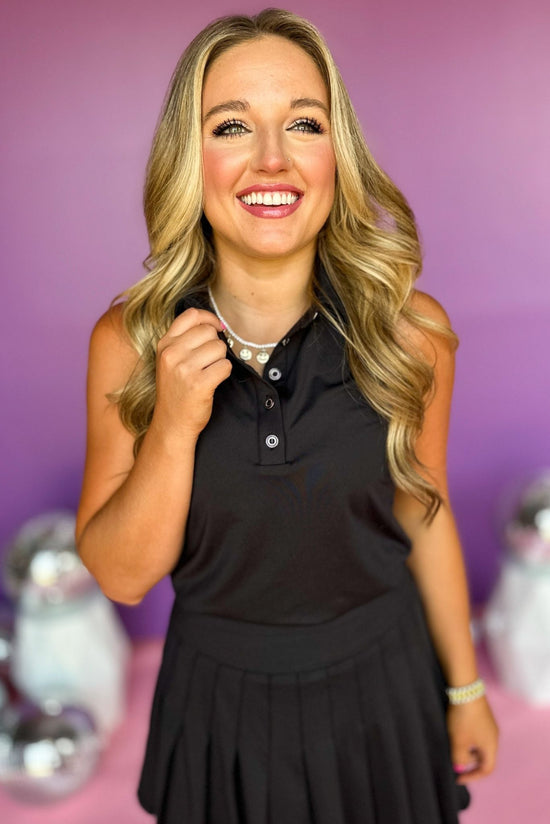 Load image into Gallery viewer, SSYS Black Sleeveless polo and pleated skort pickleball set, athleisure, mom style, athletic wear, chic updated skort, preppy, summer style, shop style your senses by mallory fitzsimmons
