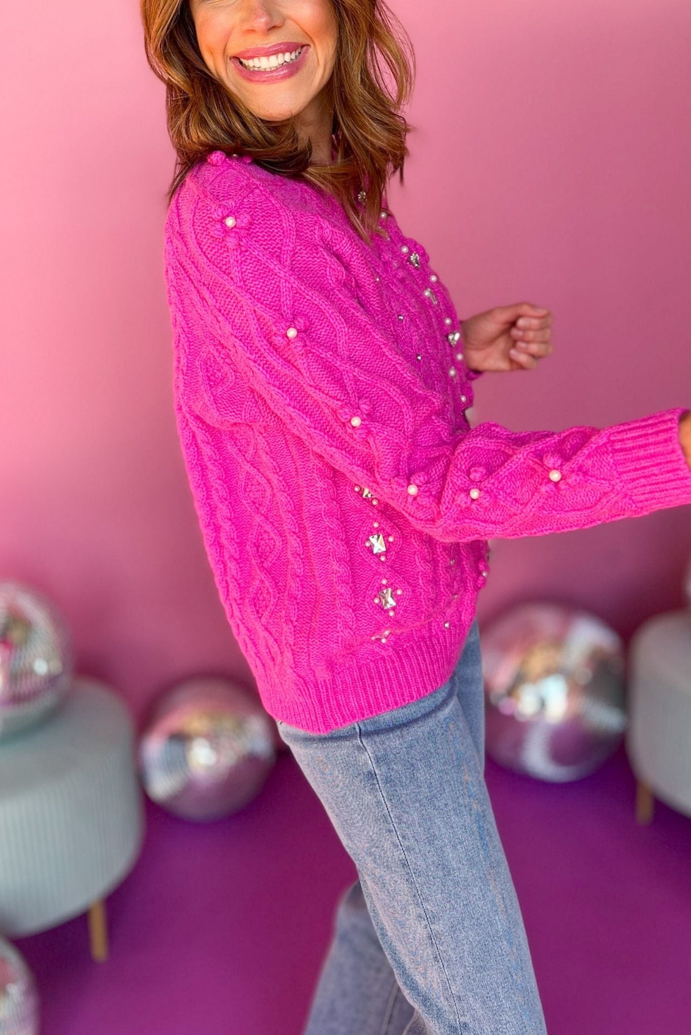 Hot Pink Embellished Cable Knit Sweater, must have sweater, must have style, must have fall, fall collection, fall fashion, elevated style, elevated sweater, mom style, fall style, shop style your senses by mallory fitzsimmons