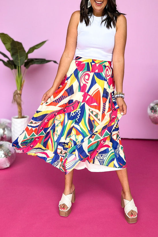 Fuchsia Abstract Printed Pleated Midi Skirt, Printed Skirt, Summer Skirt, Summer Style, Mom Style, Shop Style Your Senses by Mallory Fitzsimmons