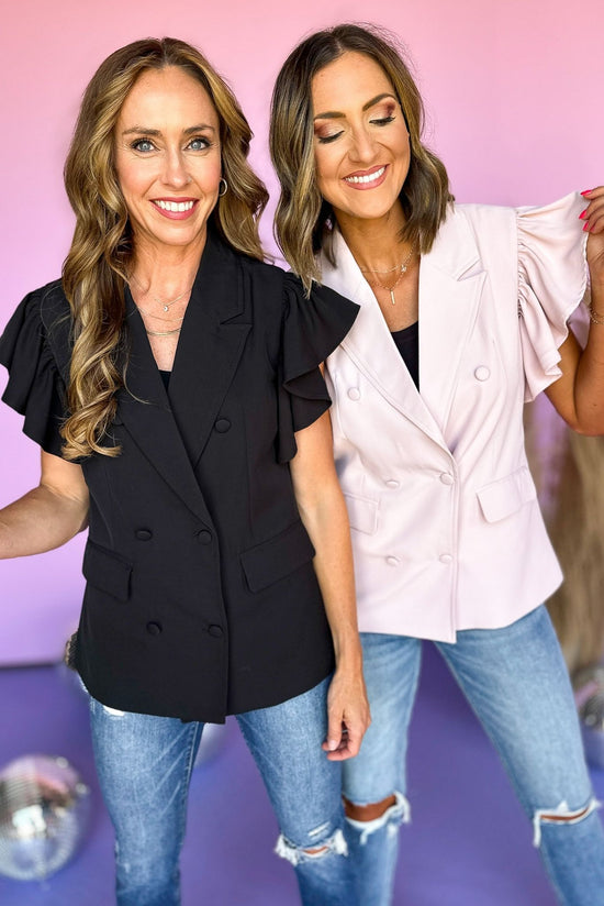 Light Pink Ruffle Shoulder Double Button Blazer, blazer top, sophisticated style, mom style, elevated style, must have, shop style your senses by mallory fitzsimmons