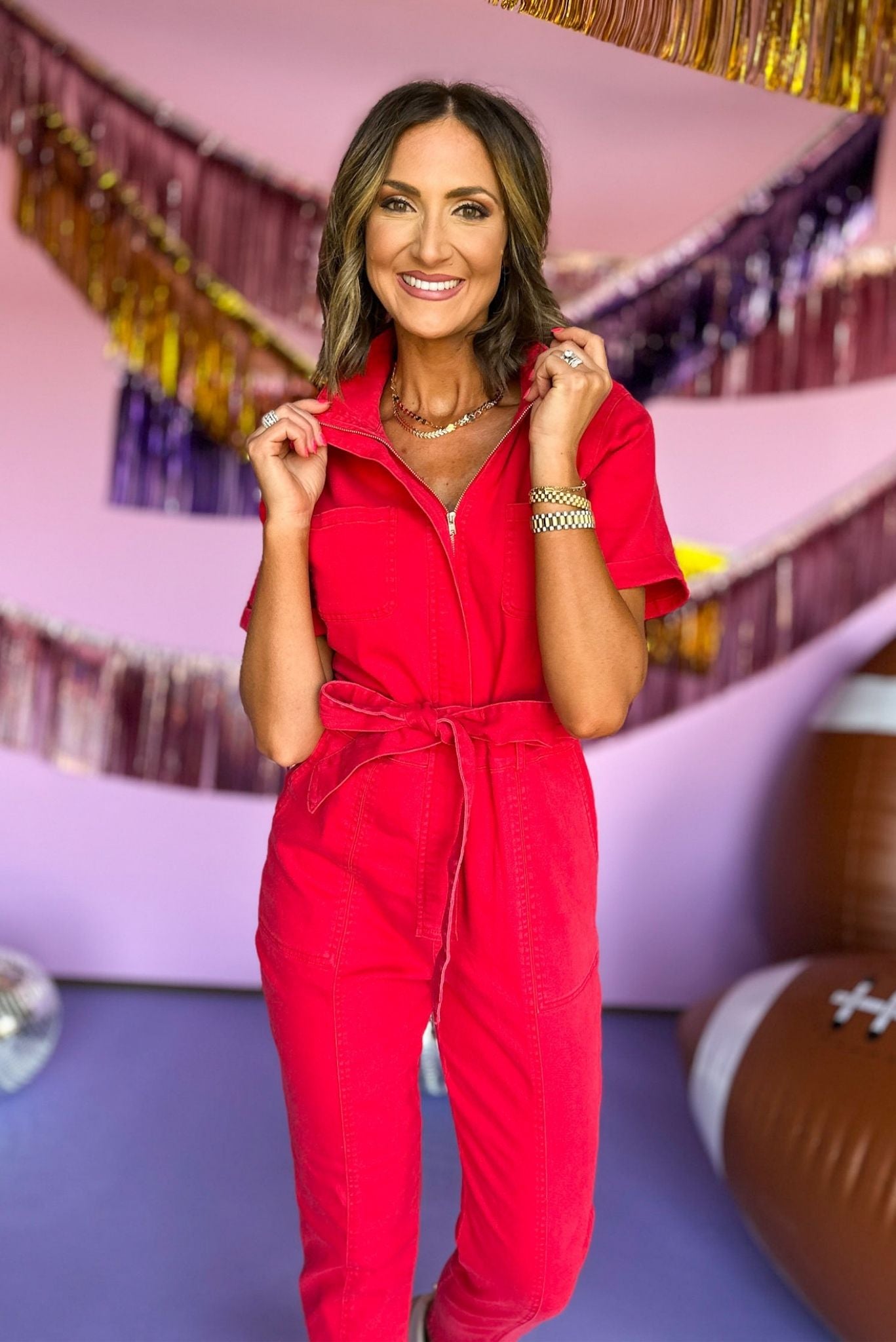 Red Zip Front Short Sleeve Belted Utility Jumpsuit, game day, gameday style, game day essential, game day outfit, elevated style, smu gameday, georgia gameday, texas tech gameday, alabama game day, shop style your senses by mallory fitzsimmons