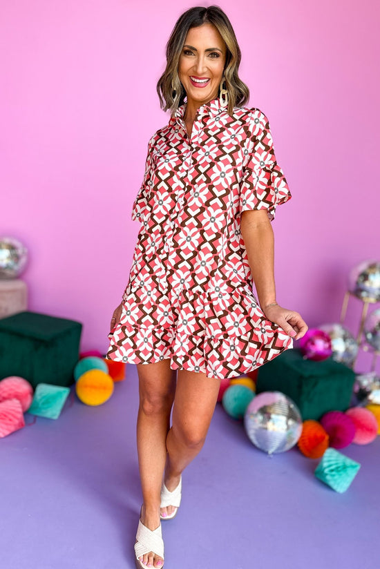 pink Geometric Print Button Front Skirted Dress, ruffle detail, button down, new arrival, collar, spring look, shop style your senses by mallory fitzsimmons