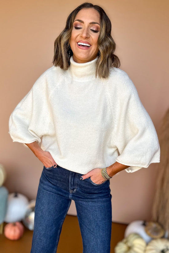 Load image into Gallery viewer,  Ivory 3/4 Dolman Sleeve Turtleneck Pullover Top, must have top, must have style, must have fall, fall collection, fall fashion, elevated style, elevated top, mom style, fall style, shop style your senses by mallory fitzsimmons
