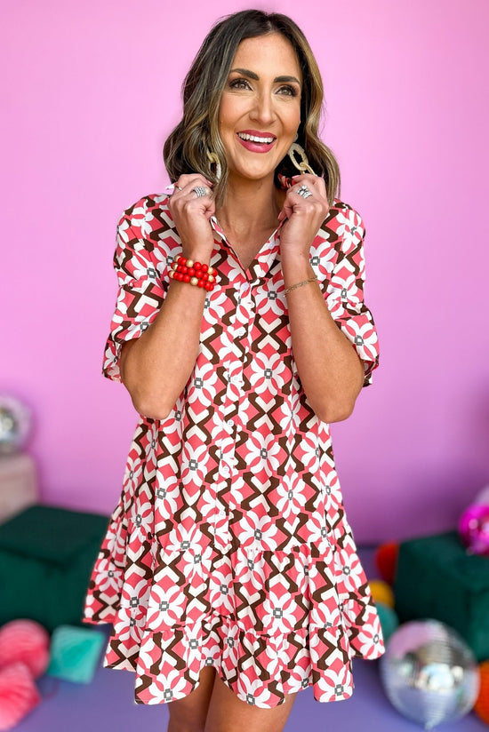 pink Geometric Print Button Front Skirted Dress, ruffle detail, button down, new arrival, collar, spring look, shop style your senses by mallory fitzsimmons