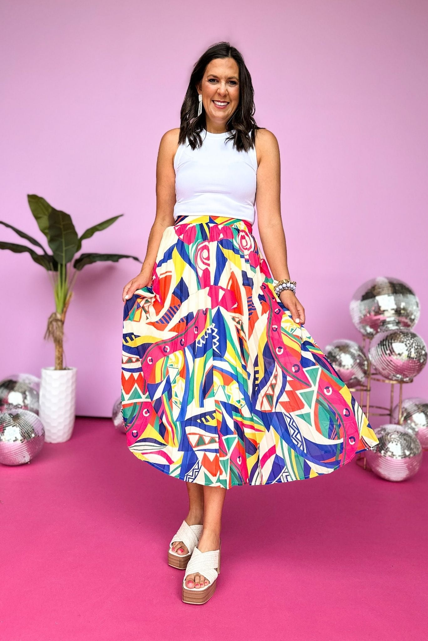 Fuchsia Abstract Printed Pleated Midi Skirt, Printed Skirt, Summer Skirt, Summer Style, Mom Style, Shop Style Your Senses by Mallory Fitzsimmons