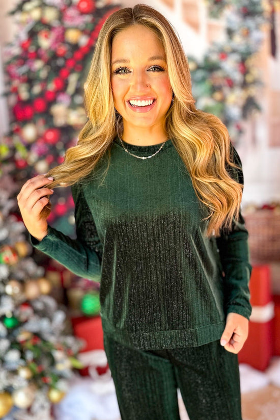 Load image into Gallery viewer, SSYS The Hannah Set In Hunter Green Metallic Velvet, must have set, must have style, must have holiday, elevated set, matching set, elevated style, elevated holiday, holiday fashion, holiday set, mom style, holiday style, shop style your senses by mallory fitzsimmons
