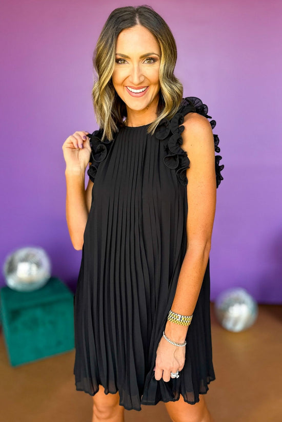 Black Pleated Ruffle Sleeveless Dress, little black dress, must have dress, must have black dress, wedding guest dress, wedding guest, fall style, fall event style, elevated style, mom style, shop style your senses by mallory fitzsimmons