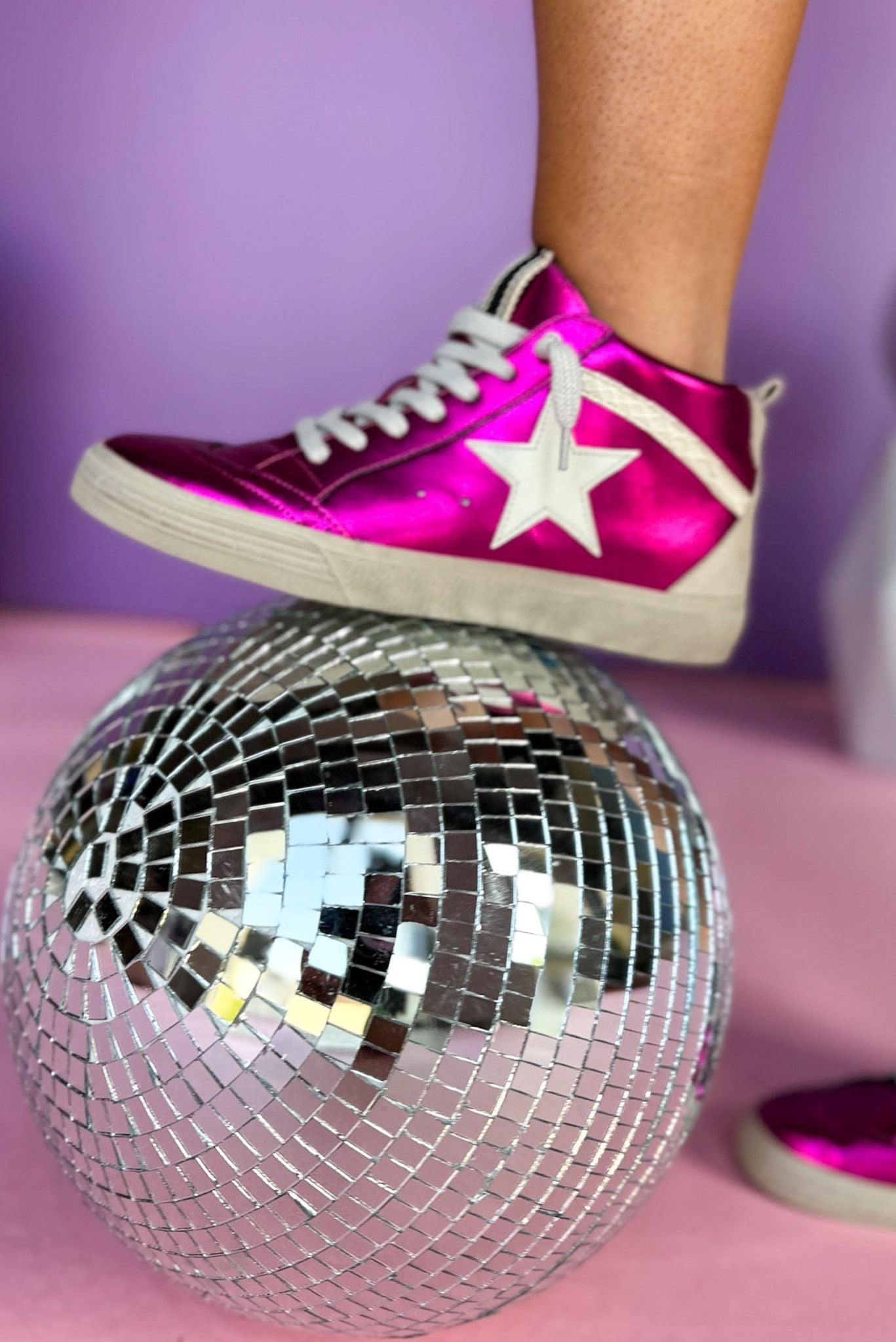 Load image into Gallery viewer,  Shu Shop Bright Pink Metallic High Top Star Sneakers, shoes, sneakers, elevated sneakers, shop style your senses by mallory fitzsimmons
