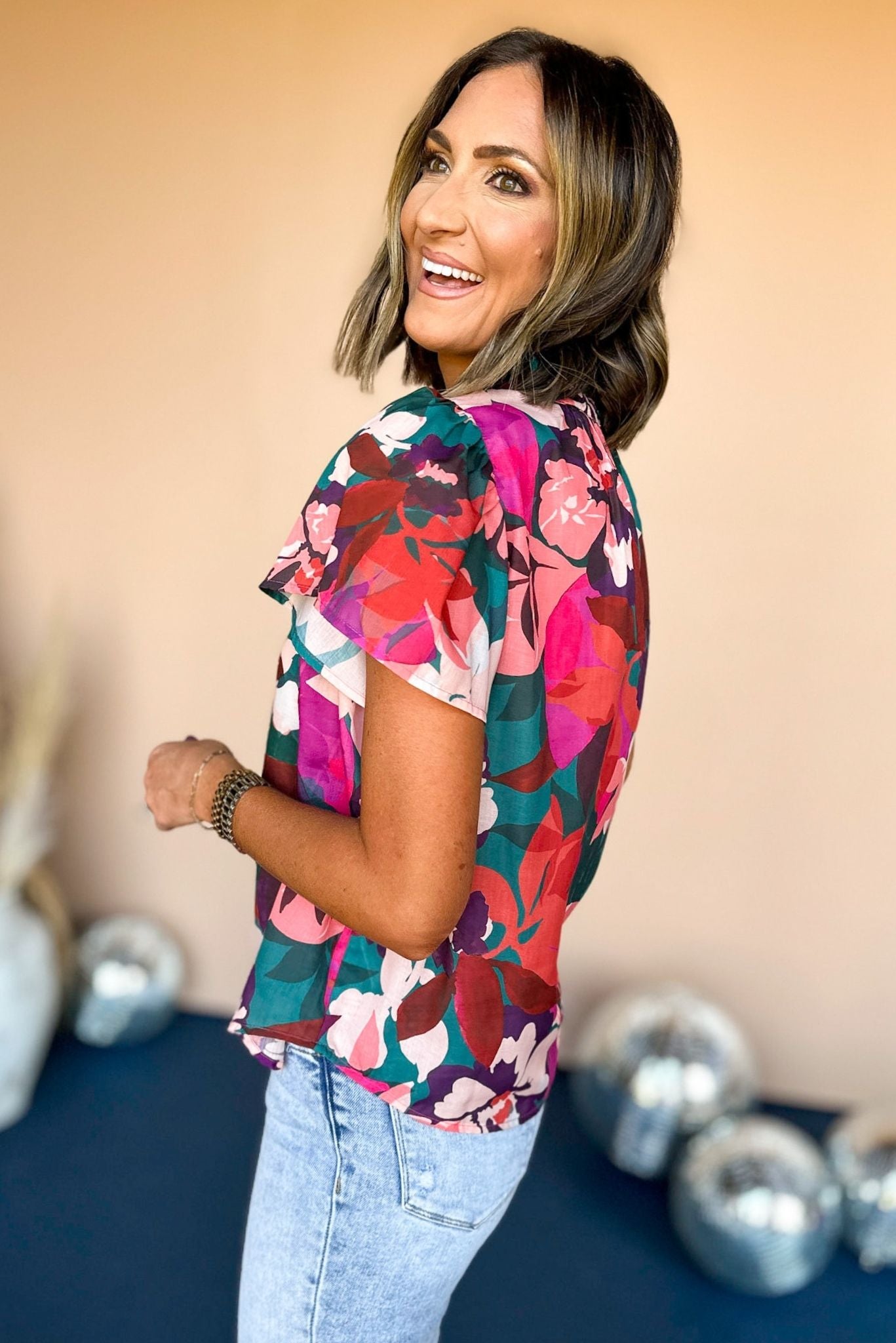 Load image into Gallery viewer, THML Teal Multi Floral Printed Flutter Sleeve Top, elevated top, elevaed style, must have top, must have style, fall top, printed top, mom style, fall fashion, shop style your senses by mallory fitzsimmons
