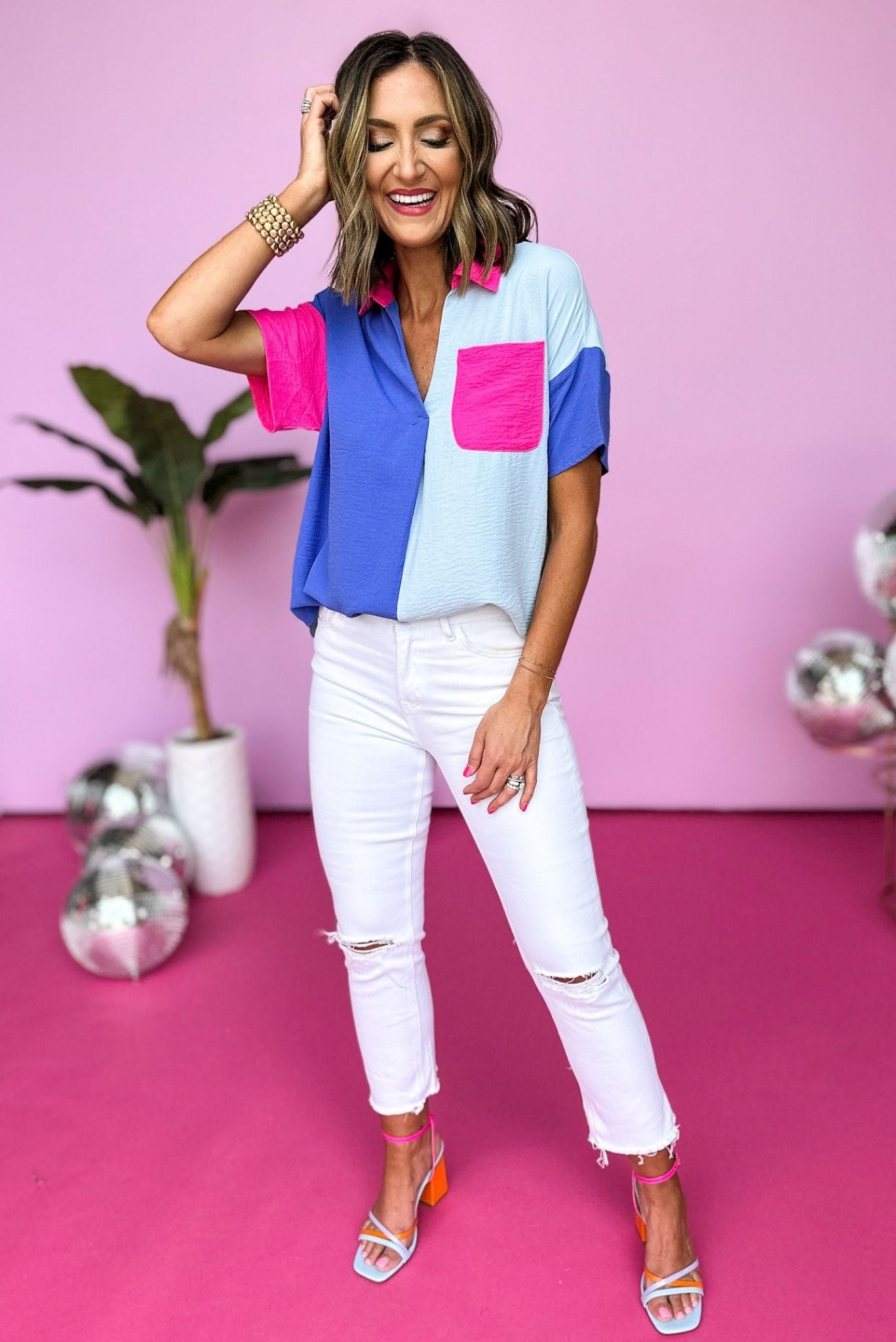 Load image into Gallery viewer, Blue Pink Colorblock Open Collared Top, Colorblock, Neon Top, Summer Top, Short Sleeve Top, Summer Style, Mom Style, Shop Style Your Senses by Mallory Fitzsimmons
