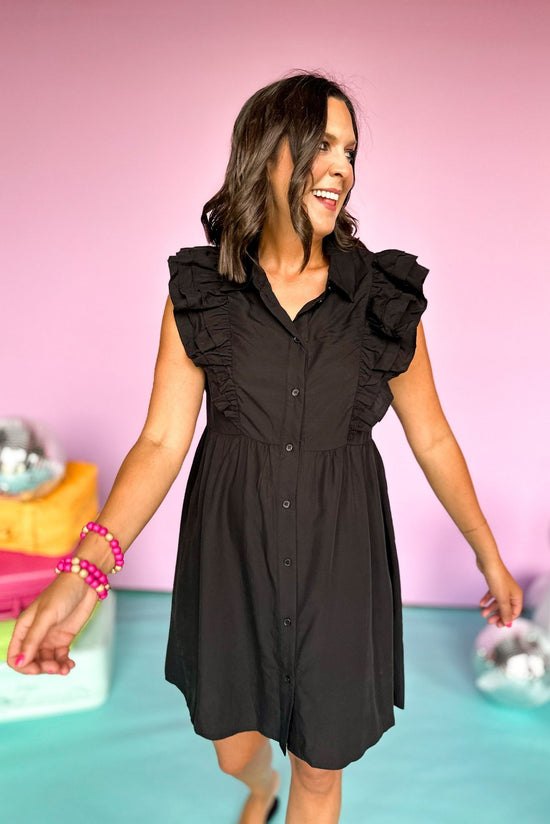 Load image into Gallery viewer, Black Button Front Layered Ruffle Sleeve Dress, summer dress, elevated style, mom style, shop style your senses by mallory fitzsimmons
