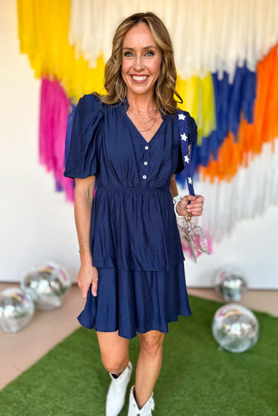 Load image into Gallery viewer, Navy Frilled Split Neck Short Puff Sleeve Tiered Dress, summer dress, gameday dress, game day style, elevated style, mom style, gameday style, smu gameday, gameday essential, game day must have,shop style your senses by mallory fitzsimmons
