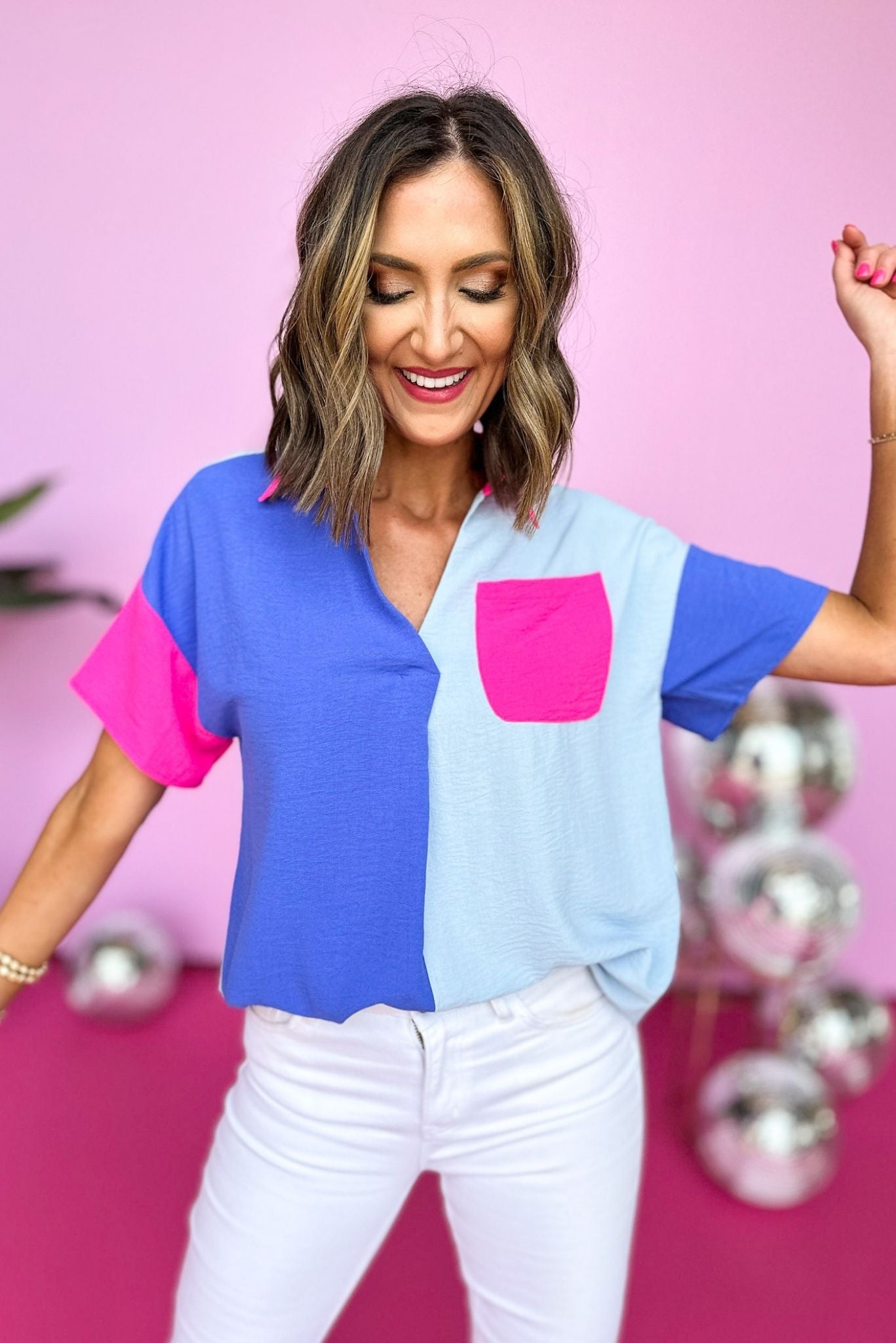 Load image into Gallery viewer,  Blue Pink Colorblock Open Collared Top, Colorblock, Neon Top, Summer Top, Short Sleeve Top, Summer Style, Mom Style, Shop Style Your Senses by Mallory Fitzsimmons
